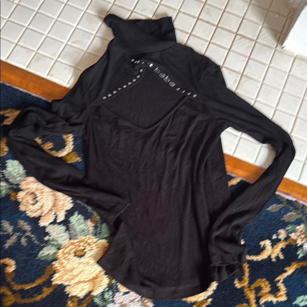 Bebe Black Fitted sequin logo  Top with small‎ turtleneck- worn about 5x